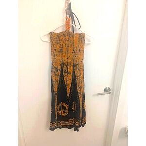 Peace Sign Halter Dress With Wooden Beaded Neckline, Black & Marigold